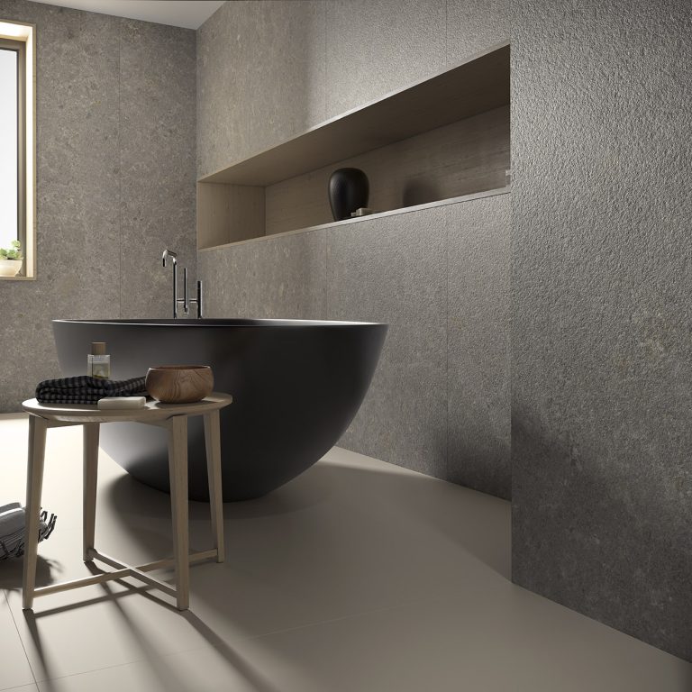 Large format surfaces, tailor-made to fit the bathroom Silk-Camel-Natural-Meteora-Gris_CRL_stone